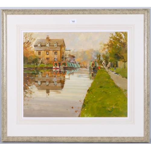 702 - John Haskins (born 1938), canal scene, acrylic on board, 48cm x 59cm, framed