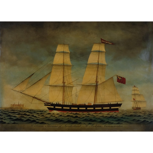 704 - Ship portrait, William Thomas of Sunderland, reverse print behind glass, framed, overall frame dimen... 