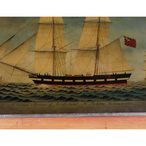 704 - Ship portrait, William Thomas of Sunderland, reverse print behind glass, framed, overall frame dimen... 