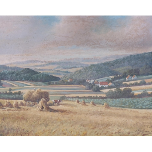 705 - Wilhelm Hormann (born 1916), harvest landscape, oil on canvas, 70cm x 95cm, framed