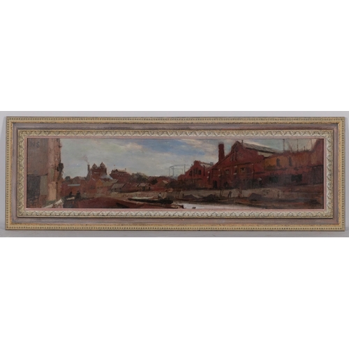 706 - Fred Cuming RA (1930 - 2022), River Medway in Maidstone, oil on board, 20cm x 80cm, framed