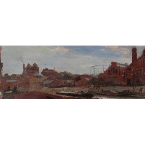 706 - Fred Cuming RA (1930 - 2022), River Medway in Maidstone, oil on board, 20cm x 80cm, framed