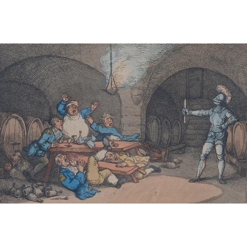 708 - Thomas Rowlinson, a ghost in the wine cellar, 1812, together with 2 Crimean War prints, framed (3)