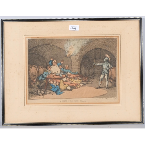 708 - Thomas Rowlinson, a ghost in the wine cellar, 1812, together with 2 Crimean War prints, framed (3)