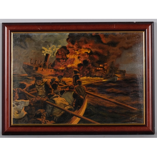 710 - L Ballard, torpedoed ship, oil on board, 1949, 35cm x 48cm, Royal Flying Corps print on silk, search... 