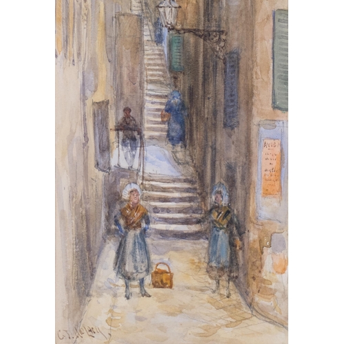 721 - Charles John de Lacy (1856 - 1936), pair of Ostende street scenes, watercolour, 32cm x 11cm, framed