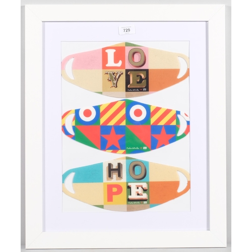 729 - Peter Blake (born 1932), 3 face masks designed for Comic Relief, mounted in common frame, overall fr... 