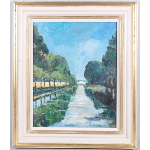 731 - Alex Fleming (1903 - 1978), French canal scene, oil on board, 50cm x 39cm, framed