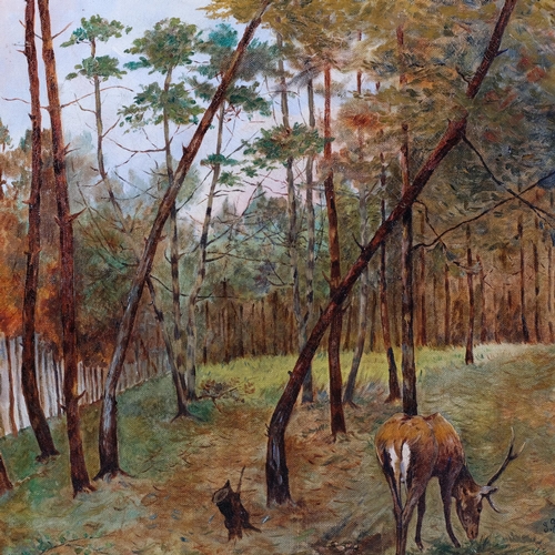 733 - 19th century European School, deer in woodland, oil on canvas, indistinctly signed, 38cm x 40cm, fra... 