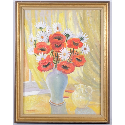 735 - Fred Wood, floral still life, oil on board, 58cm x 44cm, framed and glazed