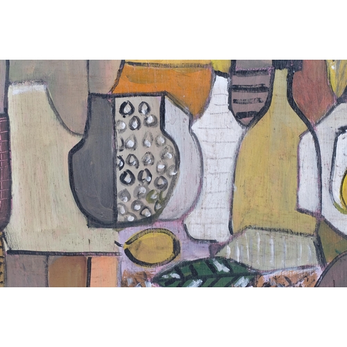 736 - Contemporary abstract still life, oil on board, unsigned, 22cm x 61cm, framed