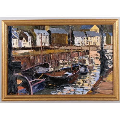 737 - Edward Morris (1919 - 1996), harbour scene, impasto oil on board, 40cm x 60cm, framed