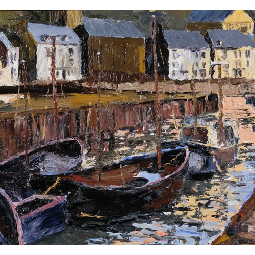 737 - Edward Morris (1919 - 1996), harbour scene, impasto oil on board, 40cm x 60cm, framed