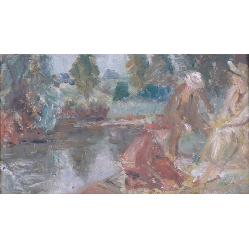 738 - Ronald Ossory Dunlop (1894 - 1973), figures by a rural pond, impressionist oil on board, inscribed v... 