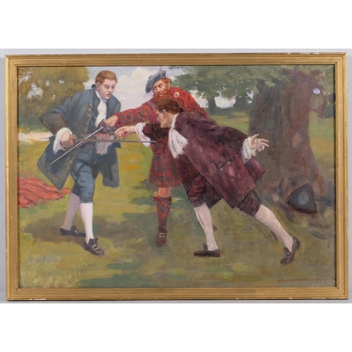 739 - Simon Vedder (1866 - 1937), dual between Frank and Rasleigh, oil on canvas illustration, 38cm x 53cm... 