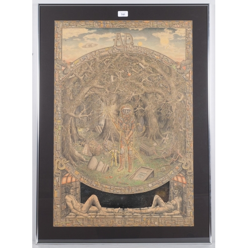 741 - Tim Weare, highly detailed fantasy study, pen ink and watercolour, aluminium framed, overall frame d... 