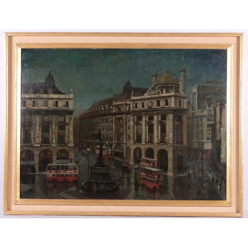 744 - Harold Workman (1897 - 1975), moonlit view of Piccadilly Circus London, oil on board, 75cm x 100cm, ... 