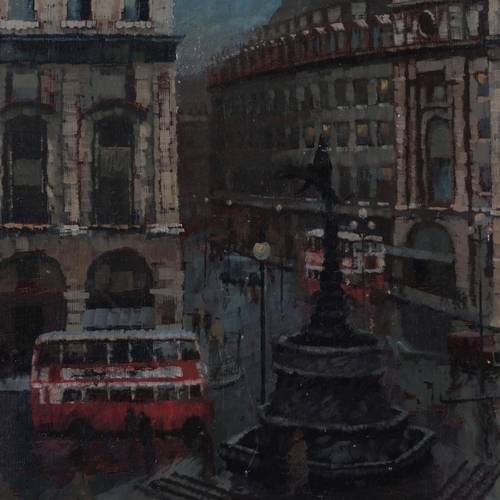 744 - Harold Workman (1897 - 1975), moonlit view of Piccadilly Circus London, oil on board, 75cm x 100cm, ... 