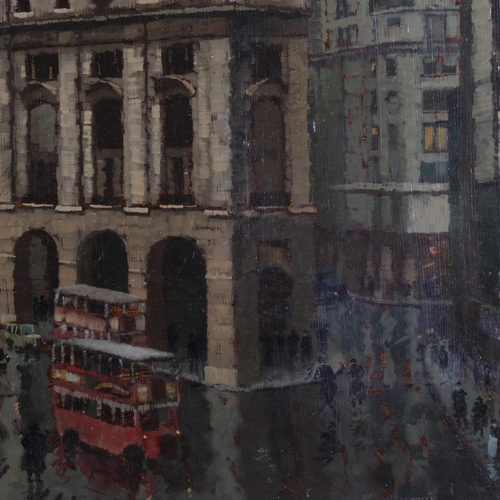 744 - Harold Workman (1897 - 1975), moonlit view of Piccadilly Circus London, oil on board, 75cm x 100cm, ... 