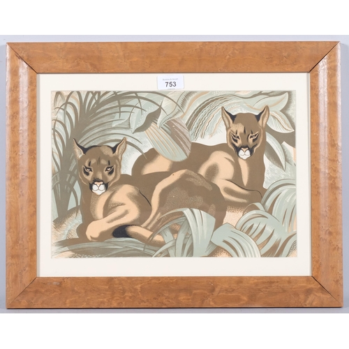 753 - Clifford Webb (1895-1972), wood engraving on paper, Pumas (1949), 24.5cm x 36cm, mounted, glazed and... 