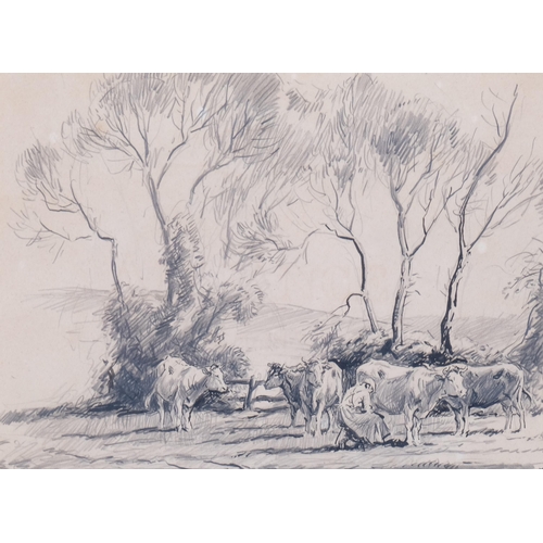 765 - George Soper (1870 - 1942), milking cattle, ink/pencil, 15cm x 21cm, framed, provenance: the estate ... 