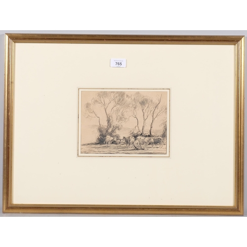 765 - George Soper (1870 - 1942), milking cattle, ink/pencil, 15cm x 21cm, framed, provenance: the estate ... 