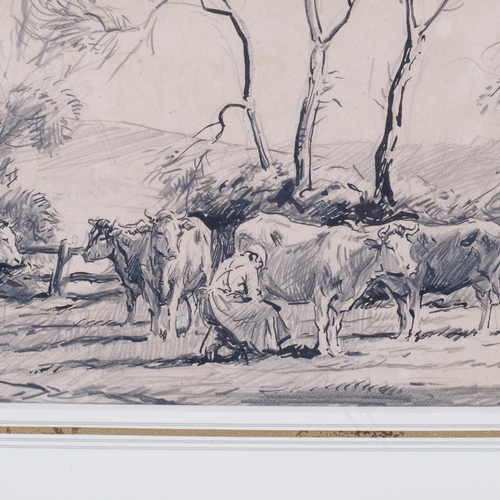 765 - George Soper (1870 - 1942), milking cattle, ink/pencil, 15cm x 21cm, framed, provenance: the estate ... 