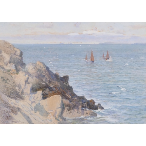 766 - Charles Sim Mottram, fishing boats off the coast, watercolour, 1907, 33cm x 47cm, framed