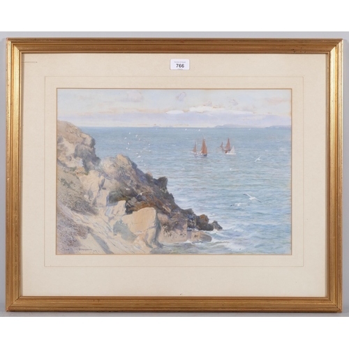 766 - Charles Sim Mottram, fishing boats off the coast, watercolour, 1907, 33cm x 47cm, framed