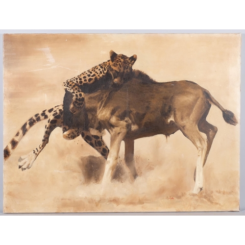 767 - Leopard and wildebeest, contemporary oil on canvas, unsigned, 76cm x 102cm, unframed