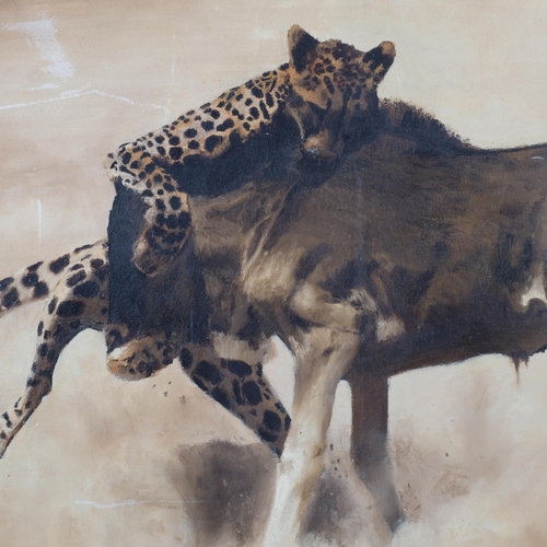 767 - Leopard and wildebeest, contemporary oil on canvas, unsigned, 76cm x 102cm, unframed