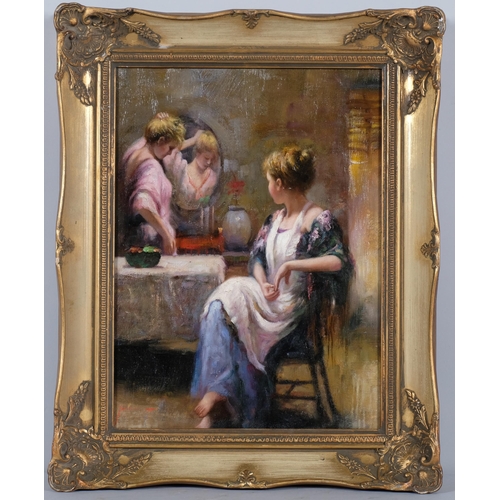 768 - Interior scene, contemporary oil on canvas laid on board, indistinctly signed, 40cm x 29cm, framed