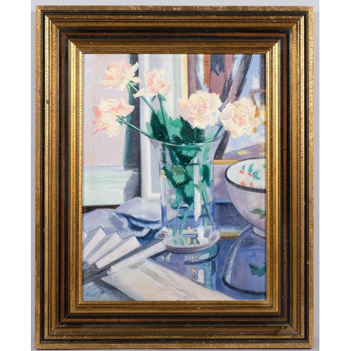 769 - Colourist style still life roses, contemporary oil on board, 41cm x 31cm, framed