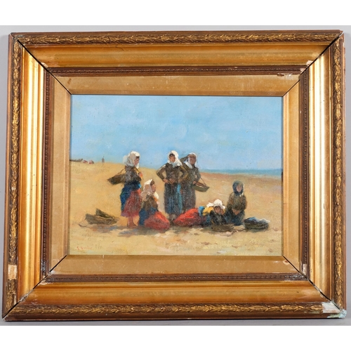 770 - Style of E Boudin, figures on a beach, oil on canvas, 25cm x  32cm, framed