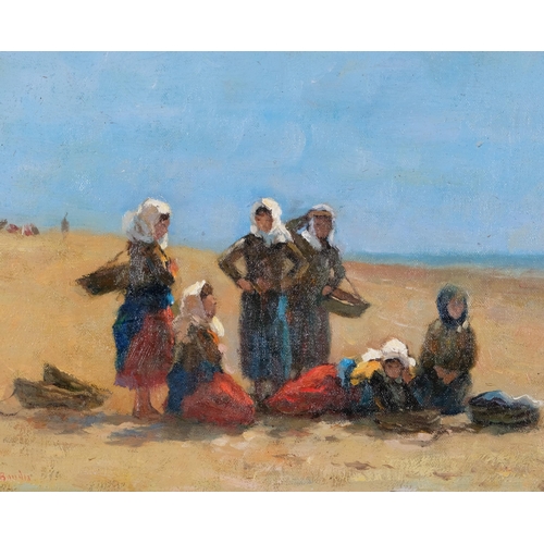 770 - Style of E Boudin, figures on a beach, oil on canvas, 25cm x  32cm, framed