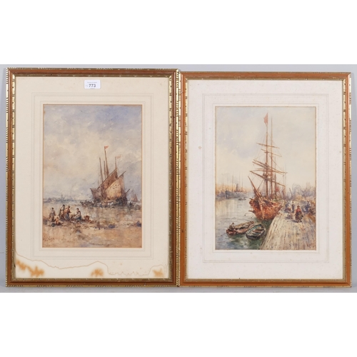 773 - William Webb, pair of harbour scenes, watercolour, 34cm x 24cm, framed