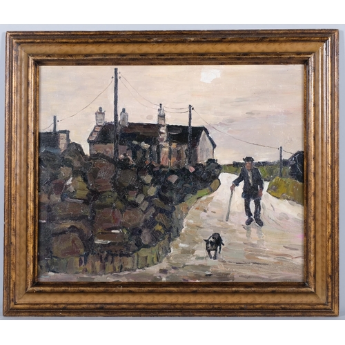 775 - Man and dog on a country road, contemporary oil on board, unsigned, 45cm x 55cm, framed