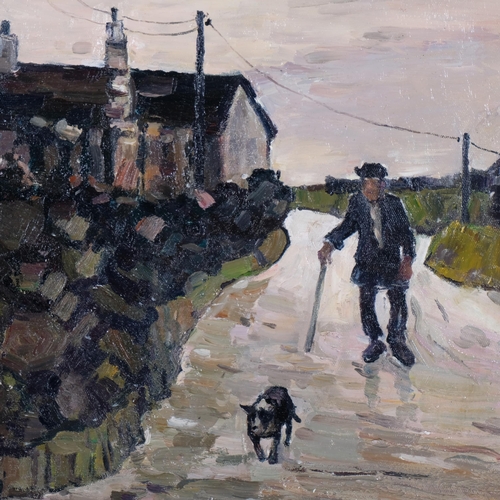 775 - Man and dog on a country road, contemporary oil on board, unsigned, 45cm x 55cm, framed