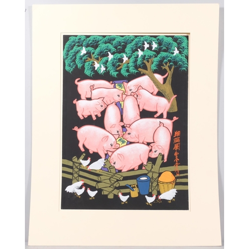 778 - Chinese School, farmyard scene, gouache on paper, text inscription, 53cm x 39cm, mounted