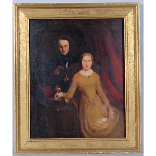 780 - A Victorian portrait of man and woaman, interior  scene , oil on board, unsigned 38 x 30 cm, framed