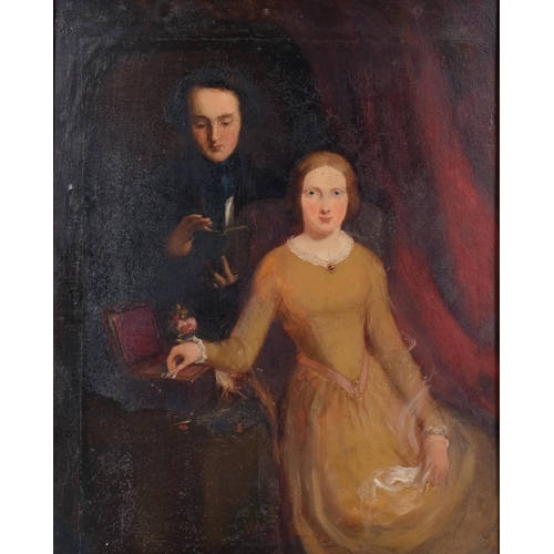 780 - A Victorian portrait of man and woaman, interior  scene , oil on board, unsigned 38 x 30 cm, framed