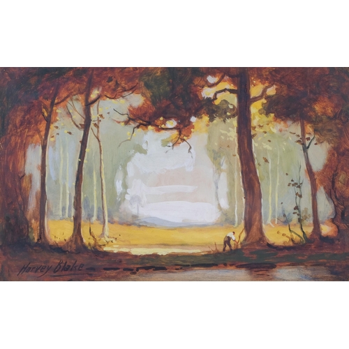 782 - Harvey Blake, watercolour and oil on paper, woodland scene,  signed, 28 x17.5cm, framed