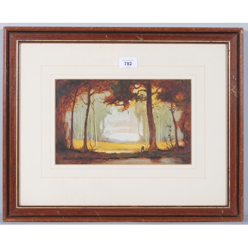 782 - Harvey Blake, watercolour and oil on paper, woodland scene,  signed, 28 x17.5cm, framed