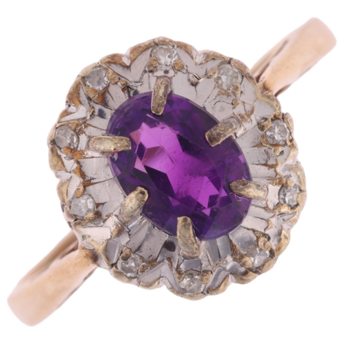 1289 - A 9ct gold amethyst and diamond oval cluster ring, setting height 11.2mm, size M, 2.2g