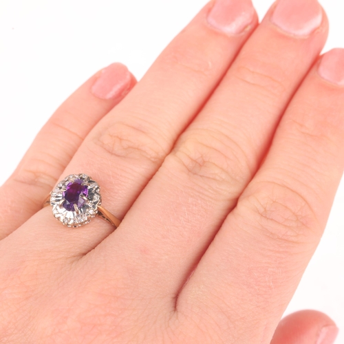 1289 - A 9ct gold amethyst and diamond oval cluster ring, setting height 11.2mm, size M, 2.2g