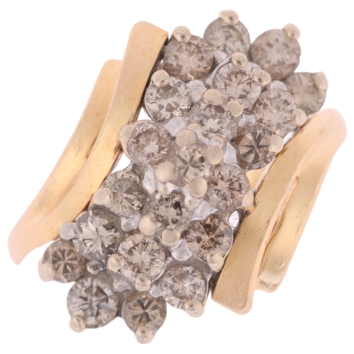 1290 - A 14ct gold diamond cluster crossover ring, set with modern round brilliant-cut diamonds, total diam... 