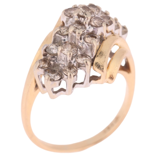 1290 - A 14ct gold diamond cluster crossover ring, set with modern round brilliant-cut diamonds, total diam... 