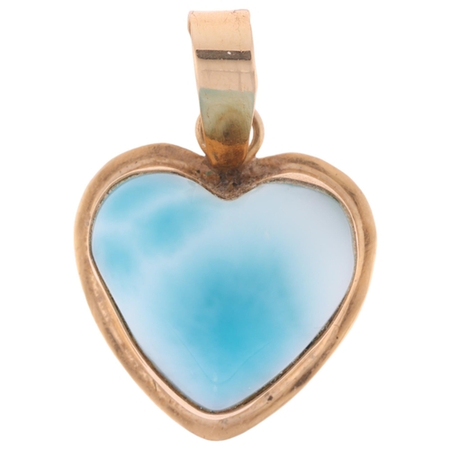 1291 - A 14ct gold larimar heart drop pendant, 23.4mm, 2.4g