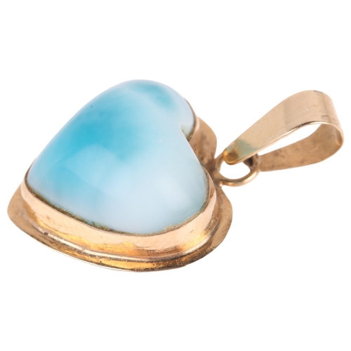 1291 - A 14ct gold larimar heart drop pendant, 23.4mm, 2.4g