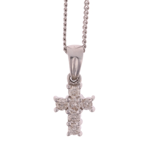 1300 - A modern 9ct white gold diamond cross pendant necklace, on  9ct white gold fine curb link chain, pen... 